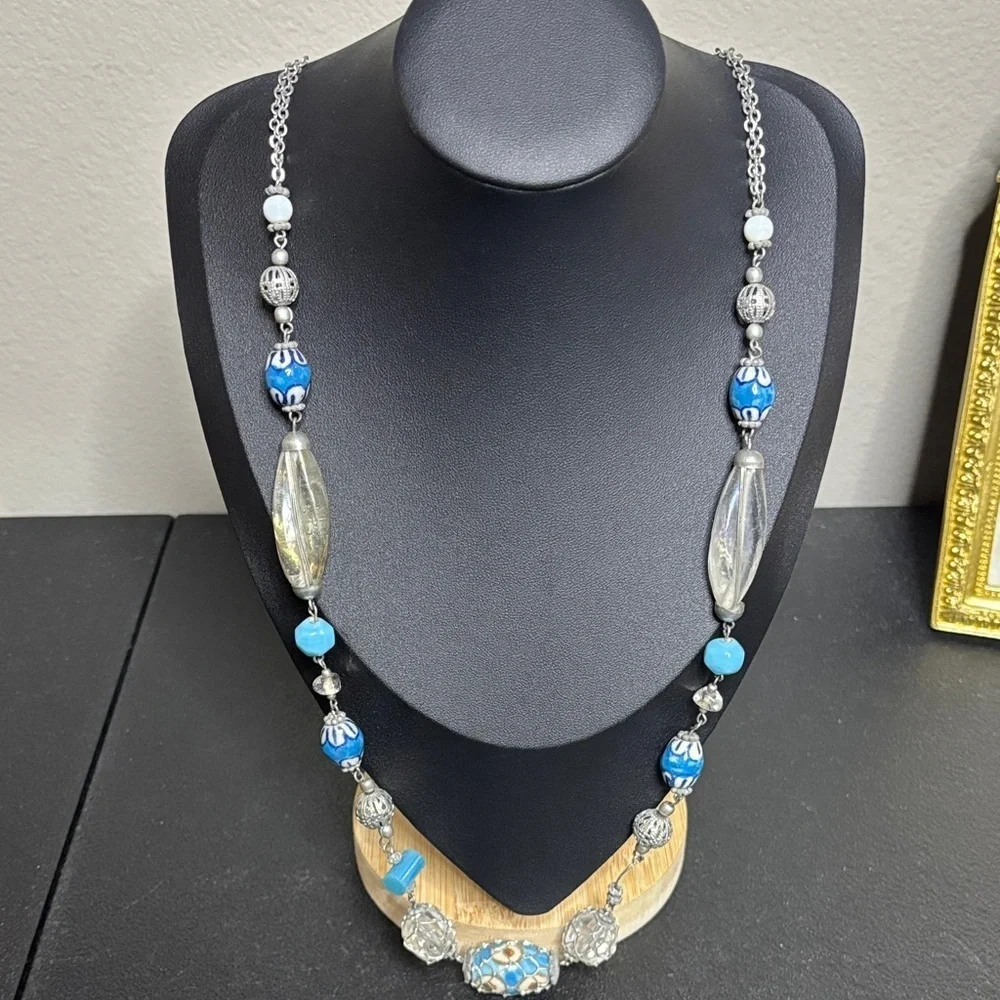Caged Painted Ceramic Silver Tone Long Chain Beaded Necklace